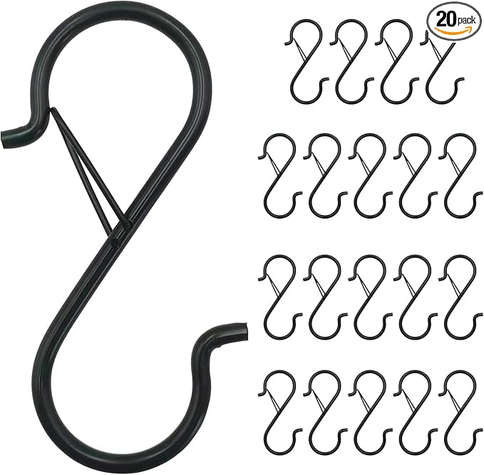 20PCS S Hooks for Hanging,3.5 Inch Heavy Duty Closet Hooks with Safety Buckle,Closet Hooks Hanging for Plants,Clothes,Kitchen Utensil,String Lights,Handbags,Belt, Hat, Cup, Tie (Black)