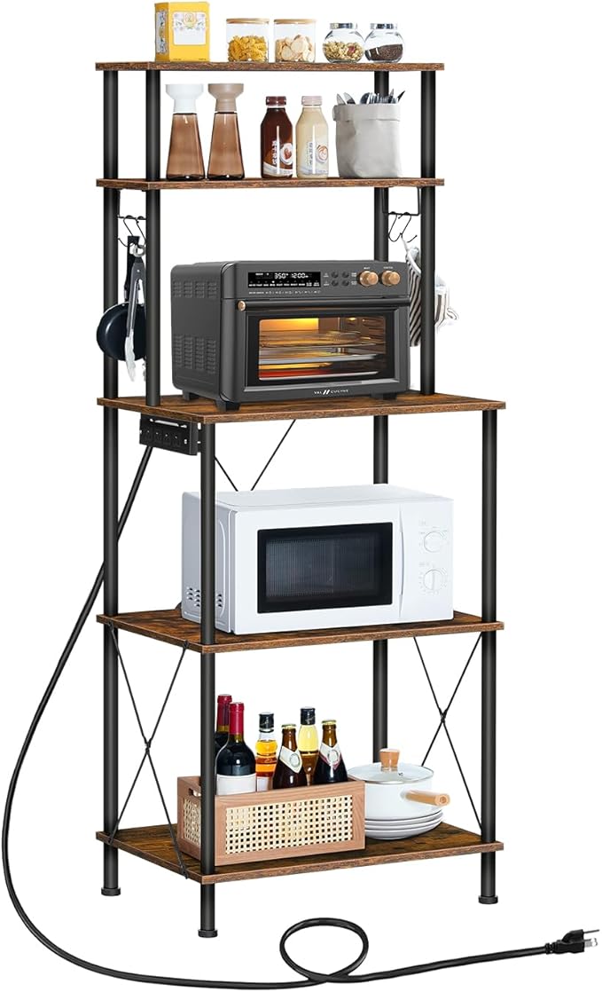 HOOBRO Kitchen Bakers Rack with Power Outlets, 5-Tier Microwave Stand, Coffee Bar with S-Shaped Hooks, Kitchen Storage Shelf Rack for Living Room, Dining Room, Rustic Brown and Black BF80UHB01