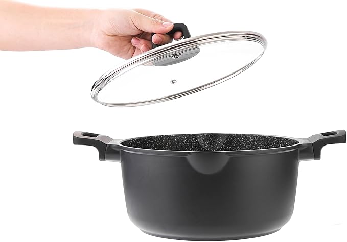 11 Inch Non Stick Pan Casserole Pot with Lid & Pour Spout - Lightweight 6.84 Quart Granite Coated Soup Pot Comfort Grip Handle - Induction Compatible PFOA Free Non Stick Cookware (Black)