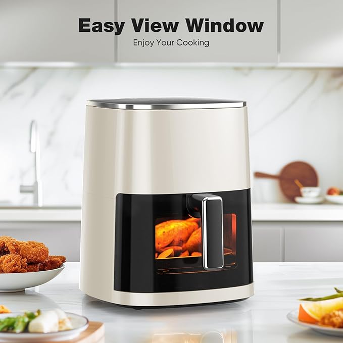 Sweetcrispy 6QT Air Fryer with Window, Square Airfryer Oven 12-in-1 for Family, 400°F Rapid Air Crispy Technology, Roast Bake Dehydrate, Nonstick & Easy-Clean Basket,Off-White