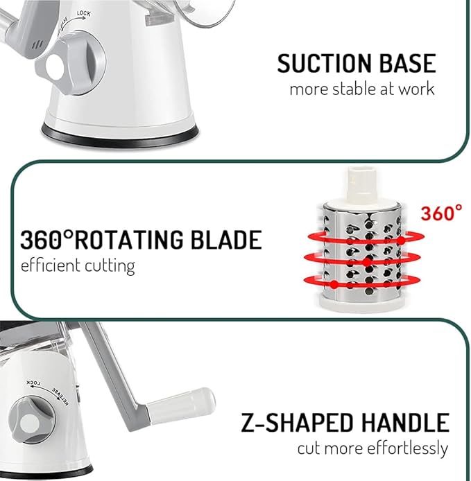 Rotary Cheese Grater with Handle Vegetable Shredder Round Kitchen Slicer Mandoline Grater for Vegetable, Nuts, Chocolate, Chesse, White, 3 Stainless Steel Blades