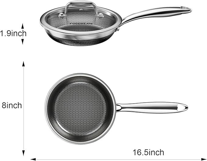 Fogdream 8” Stainless Steel Pan, Non Stick Frying Skillet with Lid, Tri-Ply Stainless Steel for All Cooktops, Dishwasher and Oven-Safe Cooking Pan, Stay-Cool Handle, Silver