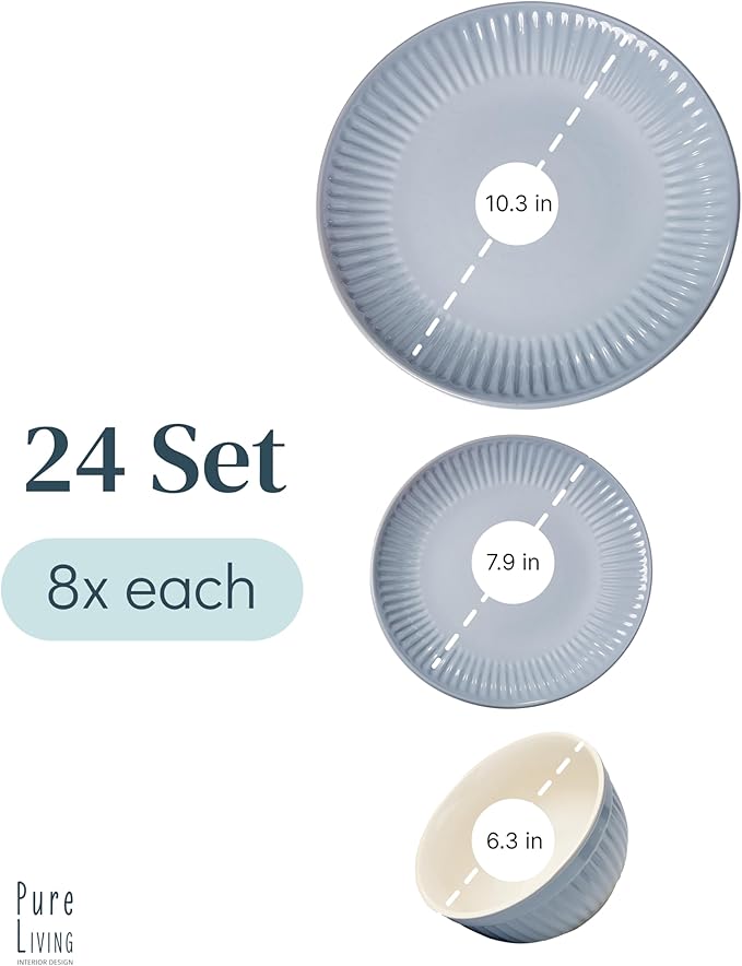 Stoneware Dinnerware Set for 8 People HYGGE 24-Piece - Elegant Scandi Design - Premium Dish Set - Bowl and Plate Set - Tableware for 8 People in a Ribbed Design - Pure Living in Gray-Blue