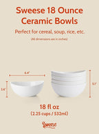 Sweese Porcelain Bowls Set of 4-18oz, 6 Inch, Versatile for Soup, Cereal, Fruit, Rice - Microwave, Dishwasher, Oven Safe, White