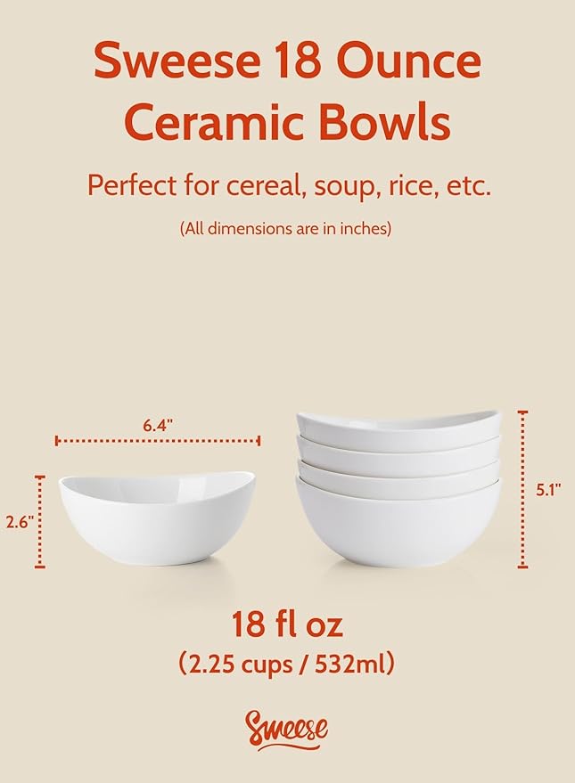 Sweese Porcelain Bowls Set of 4-18oz, 6 Inch, Versatile for Soup, Cereal, Fruit, Rice - Microwave, Dishwasher, Oven Safe, White