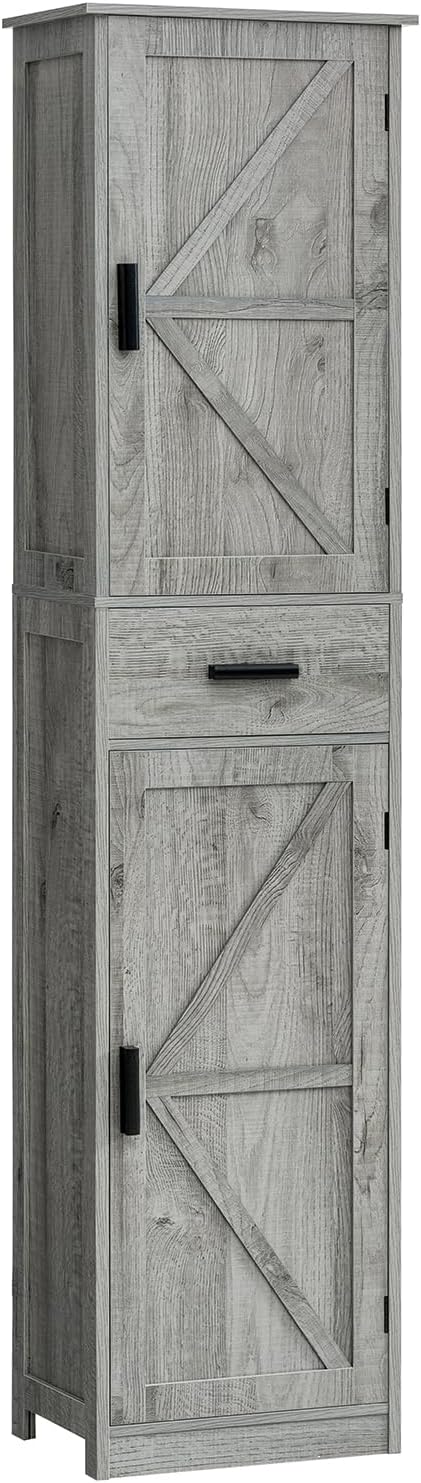 WEENFON Tall Storage Cabinet, Bathroom Cabinet with 6 Shelves & Drawer, Narrow Storage Cabinet with Adjustable Shelves, Tall Cabinet for Living Room, Home Office, Rustic Gray