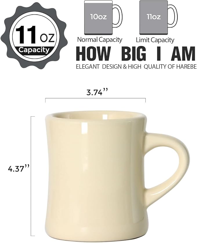 harebe Retro Coffee Cup Set of 4, 10 OZ Heavy Classic Ceramic Diner Mugs Set with Handle for Coffee, Tea, Cocoa, Milk, Latte（Cream）