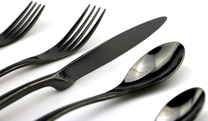 JASHII 18/10 Stainless Steel 20 Piece Mirror Polished Black Flatware Set,Dinner Knife Fork Salad Fork Dessert Spoon Coffee Spoon，Service for 4 ，Black Utensil Sets