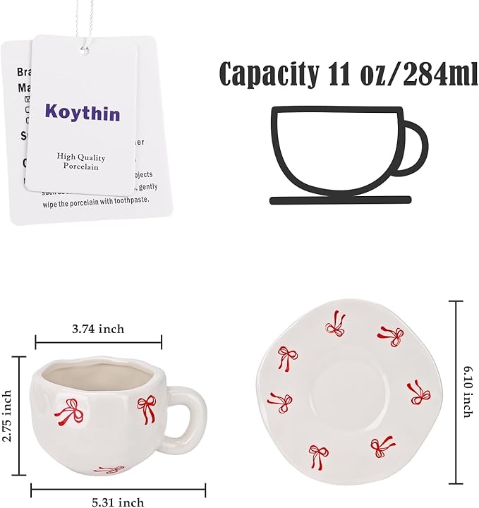 Koythin Ceramic Coffee Mug with Saucer Set, Cute Creative Bow Cup Unique Irregular Design for Office and Home, 10 oz/300 ml for Latte Tea Milk