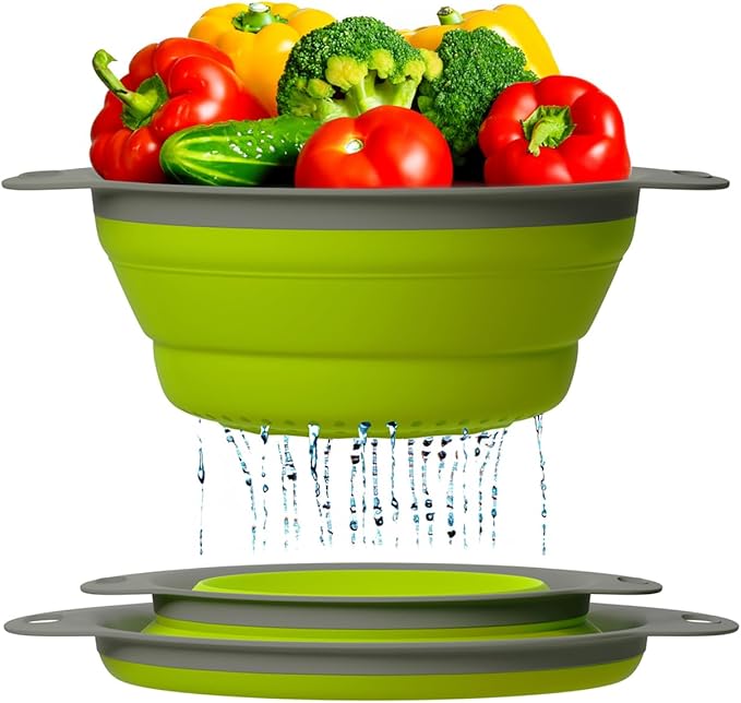 Ultimate Kitchen Strainers Set of 2 - Collapsible Silicone Colanders For Easy Storage by Comfify - Use with Pasta & Veggies or as a Fruit or Berry Bowl with Strainer - Irreplaceable for Campers -Green