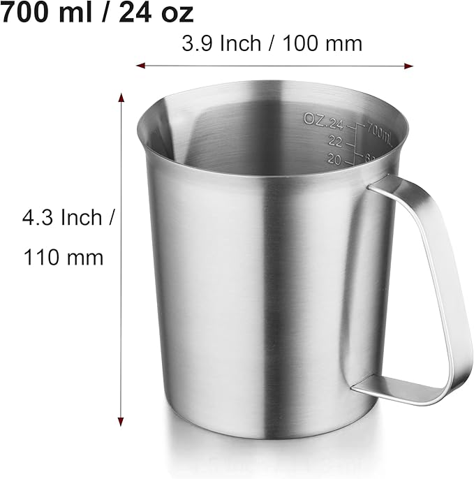 CURTA 18/8 Stainless Steel Measuring Cup with Handle and Pour Lip, Metal Pitcher with Oz and ML marking, 24OZ/700ML- 3 Cup), Heavy-Duty Pitcher