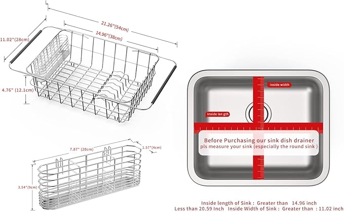 JAQ Dish Drainer in Sink Adjustable 14.96" to 20.59", Expandable 304 Stainless Steel Metal Dish Drying Rack Organizer with Stainless Steel Utensil Holder Over Inside Sink Counter