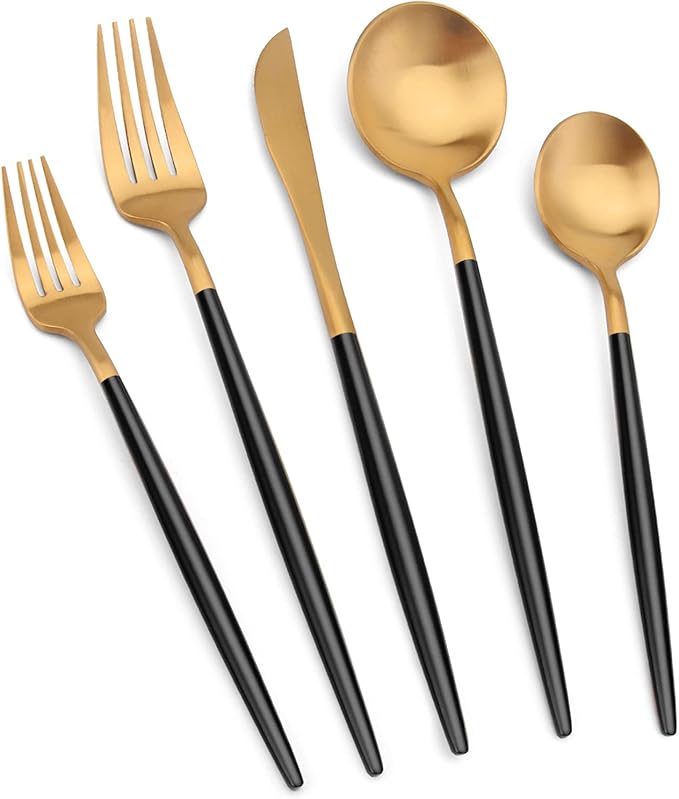 Matte Gold Silverware Set with black handle, Vanys 20 Piece Stainless Steel Cutlery Flatware Set, Kitchen Utensil Sets for 4, Tableware With Knife Spoons And Forks Set, Satin Finished Polished