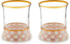 MACKENZIE-CHILDS Tumbler Glasses, Elegant Drinkware, Glasses with Gold Rim, 8 Ounces, Set of 2, Pink-and-White Rosy Check