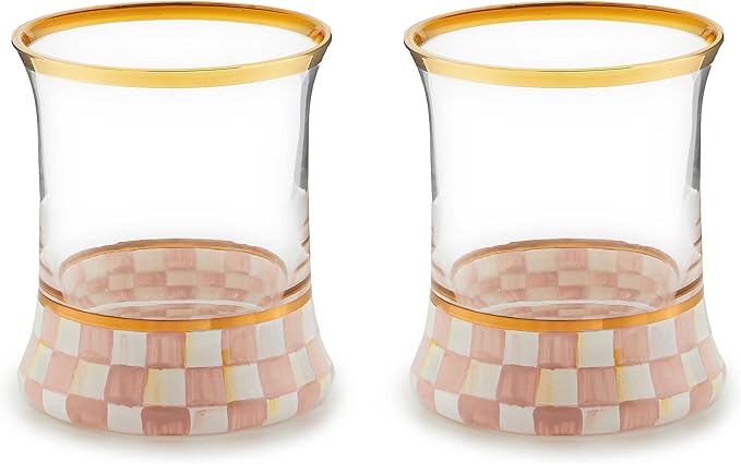 MACKENZIE-CHILDS Tumbler Glasses, Elegant Drinkware, Glasses with Gold Rim, 8 Ounces, Set of 2, Pink-and-White Rosy Check