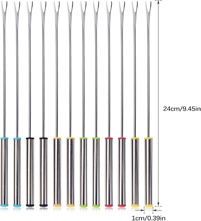 12Pcs Stainless Steel Fondue Forks, 6 Color Cheese Fondue Forks with Heat Resistant Handle, Smores Sticks for Chocolate Fountain Roast Marshmallows Dessert Fruits(9.5 Inch)