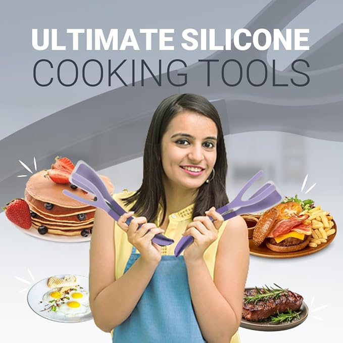 Silicone Egg Flipper Spatula Tongs (Set of 1) – Non-Stick 2-in-1 Grip & Flip Kitchen Tongs for Pancakes, Fish, Eggs, and More – Heat Resistant Cooking Tool (Black) (Purple)