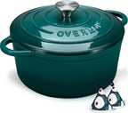 Overmont Enameled Cast Iron Dutch Oven - 4.5QT Pot with Lid Cookbook & Cotton Potholders - Heavy-Duty Cookware for Braising, Stews, Roasting, Bread Baking bottle green