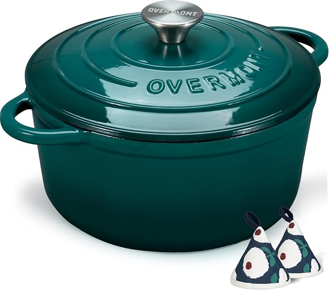 Overmont Enameled Cast Iron Dutch Oven - 4.5QT Pot with Lid Cookbook & Cotton Potholders - Heavy-Duty Cookware for Braising, Stews, Roasting, Bread Baking bottle green