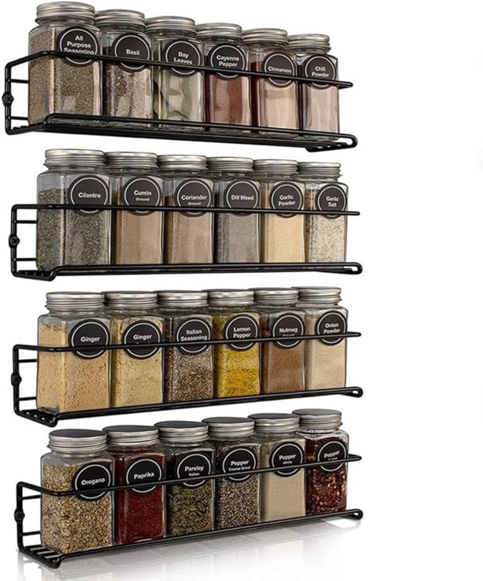 4 Pack Spice Rack Organizer, Wall Mount Spice Rack Organizer,Screw or Adhesive Hanging Spice Rack, Black