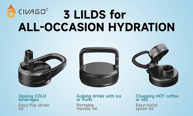 CIVAGO 64 oz Insulated Water Bottle With Straw, Half Gallon Stainless Steel Sports Water Flask Jug with 3 Lids (Straw, Spout and Handle Lid), Large Metal Thermal Cup Mug, Classic Red