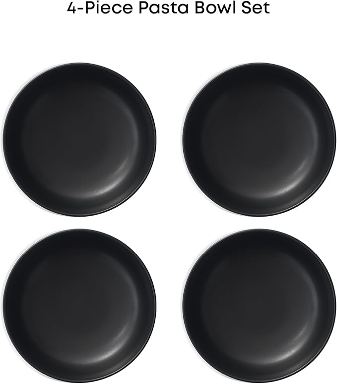 JoyJolt Mesa 40oz Stoneware Serving Bowls, Pasta Bowls Set of 4, Large Salad Pho Soup Bowls for Kitchen, Dishwasher and Microwave Safe Plate Bowls, Aesthetic Kitchen Essentials - Matte Black