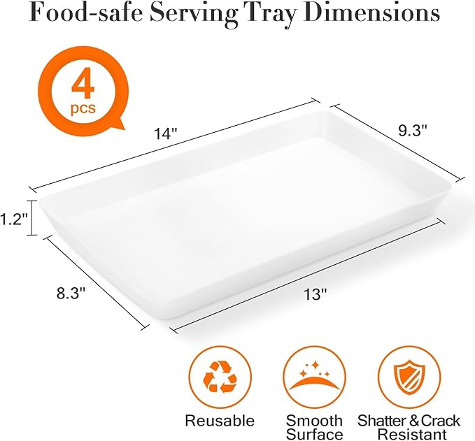 WOWBOX 4 pcs Serving Tray for Entertaining, Serving Platters for Snacks, Fruit, Cookies, Dessert, Reusable Plastic Trays for Serving Food, (White, Black, Green, Red)