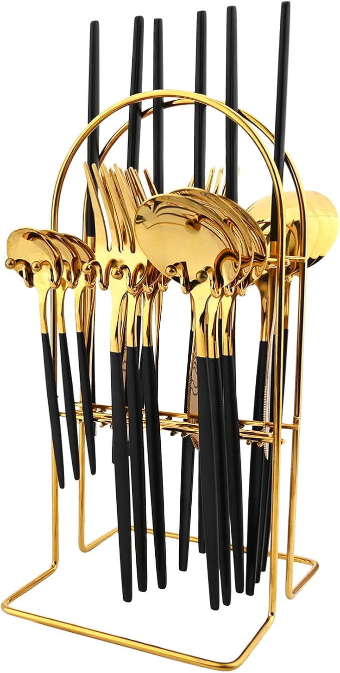 Black Gold 24Pcs Flatware Set With Stand, Lightweight Dinnerware Set Stainless Steel Cutlery With Black handles For Home Kitchen Wedding Party And Daily Use,Service For 6, Mirror Polish