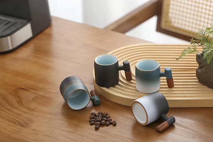 2-Oz Ceramic Espresso Cups with Wood Handle, 2/4-Piece Set for Coffee, Tea, Latte - Dishwasher Safe, Multi-Color & Wood Styles, Gift & Café Use (black white2&blue black2, Wooden Handle4)