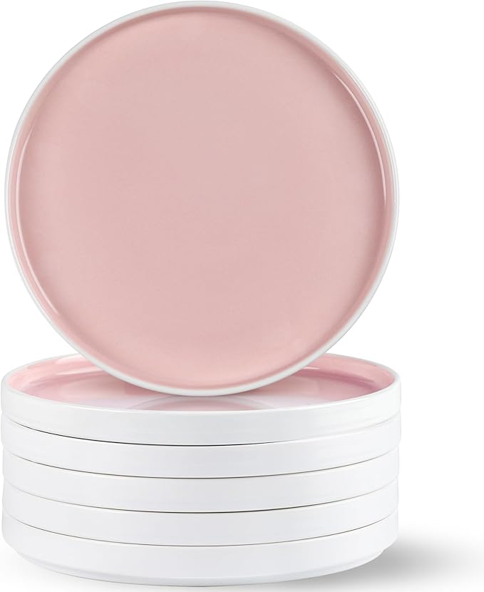 AmorArc Ceramic Plates Set of 6, 8.0 Inch Round Stoneware Salad Plates Use for Dessert, Salad, Appetizer etc,Microwave and Dishwasher Safe, Scratch Resistant Small Deep Dinner Plates-Cloud Pink