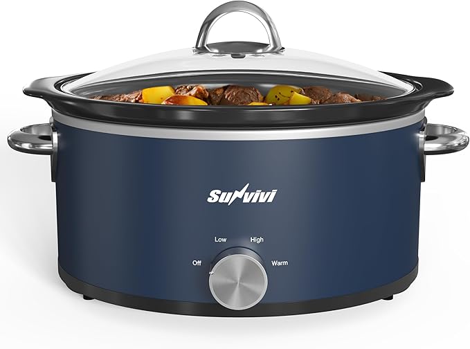 3QT Slow Cooker, Small Crock with 3 Heating Settings & Removable Ceramic Pot, Mini Food Warmer with Dishwasher Safe Glass Lid & Crock, Stainless Steel, Blue