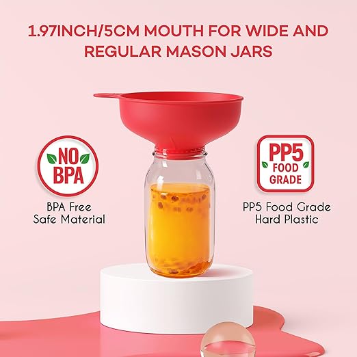 Pisol Wide Mouth Versatile Funnel, Canning Funnels for Kitchen Use, Food Grade Plastic Cooking Funnel Set with 4 Size Spouts and 2 Strainers for Filling Different Bottles and Bags, Red