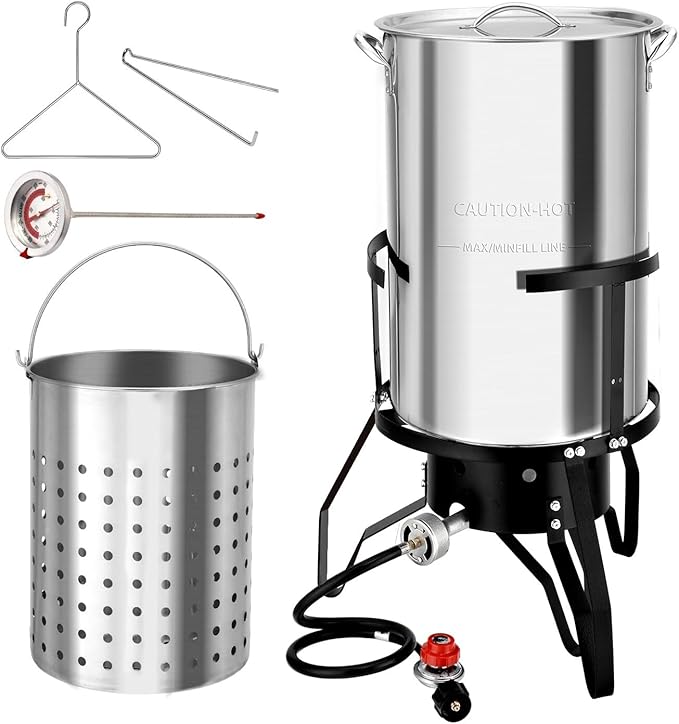 ROVSUN 50QT Turkey Fryer with Stainless Steel Boiler Steamer Basket & 54,000BTU Propane Burner, Outdoor Gas Deep Fryer & Seafood Crawfish Boil Pot Set with High Pressure Propane Regulator and Hose