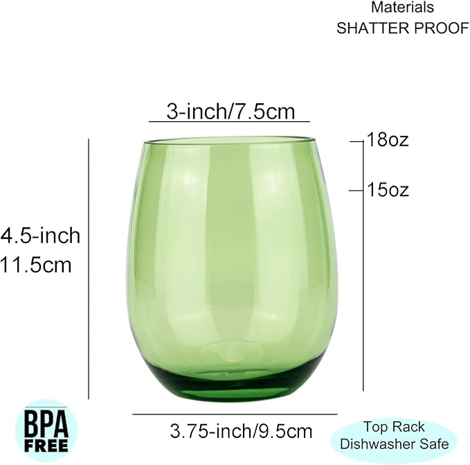 KX-WARE Unbreakable 18-ounce Acrylic Stemless Wine Glasses All Purpose Plastic Tumbler, set of 6 Green Dishwasher Safe BPA Free Classic Style