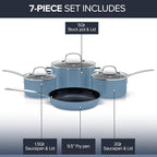 Nuwave Healthy Duralon Blue Ceramic Nonstick Coated 7pc Cookware Set, Scratch-Resistant Diamond Infused, PFAS Free, Induction Ready & Evenly Heats, Oven Safe, Tempered Glass Lids