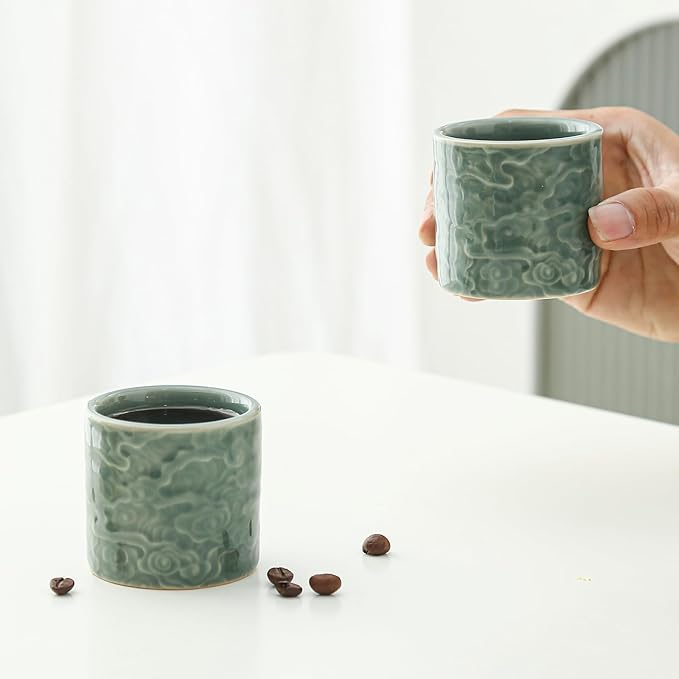 Ceramic Espresso Cups Set of 2 or 4-3oz Demitasse Cups for Coffee & Tea, No Handles, Durable & Dishwasher Safe ((green, 4)