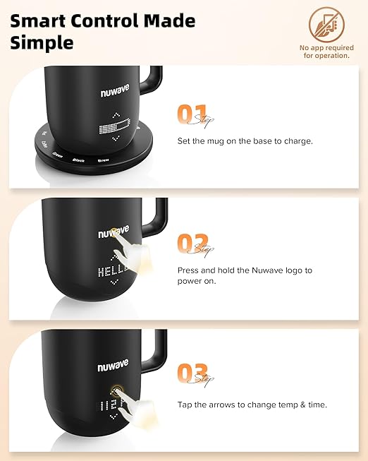 Nuwave Smart Heated Coffee Mug Rechargeable, 16oz Self Heating Temperature Control Mug with LED Display, Custom Brew Modes, Double-Wall Vacuum Insulation, 5-Hour Battery Life, Auto Shut-Off