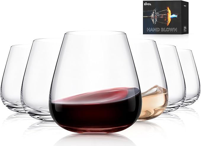 Stemless Wine Glasses Set of 6, 14.5oz Hand Blown Crystal Red White Wine Glass, Ideal for Daily Use and Special Days, Perfect Gifts for Both Men and Women