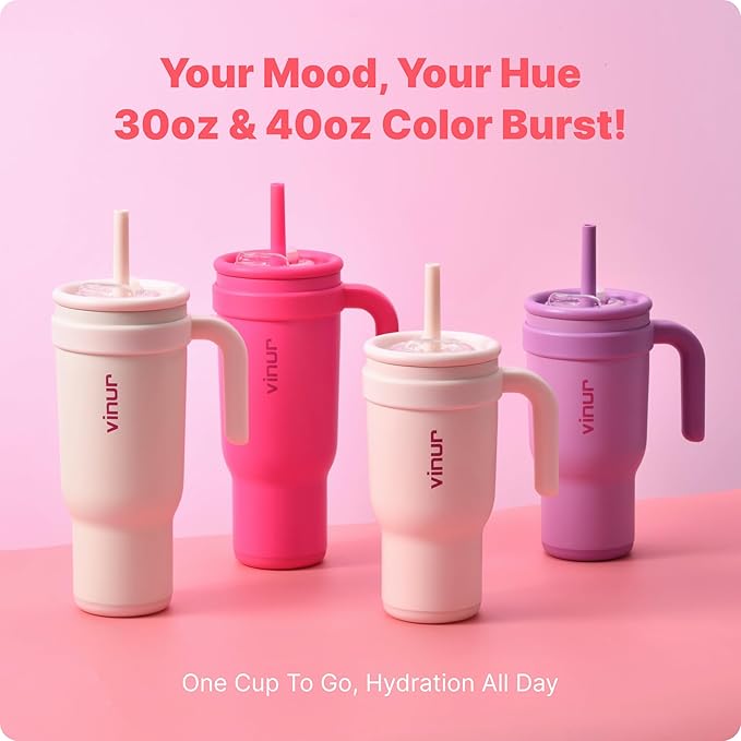 VINUR 40 oz Tumbler with Handle and Straw Lid-Stainless Steel Vacuum Insulated Travel Coffee Mug | Leak-Proof| Cup Holder Friendly| Gifts for Women, Pink