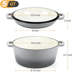 P&P CHEF 5Qt Dutch Oven Pot for Bread Baking (Gray), 2 In 1 Round Cast Iron Dutch Oven with Lid Set, Skillet & Pot for Roasting Braising Stewing Frying Simmering, Multi Stoves & Oven Safe