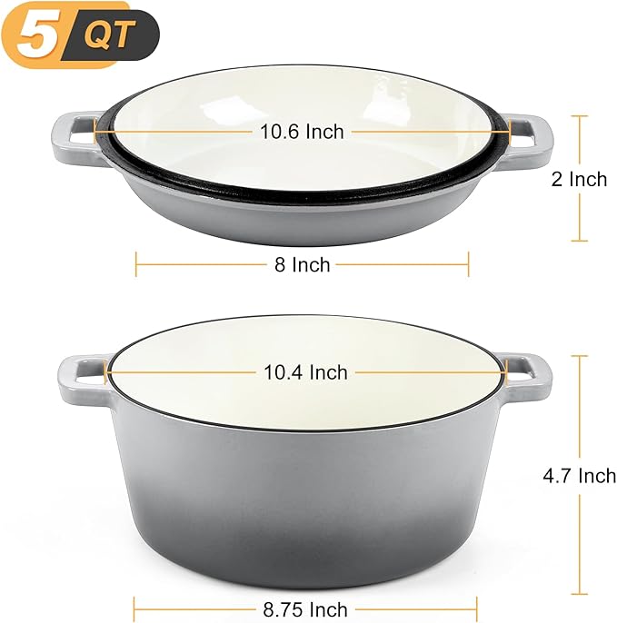 P&P CHEF 5Qt Dutch Oven Pot for Bread Baking (Gray), 2 In 1 Round Cast Iron Dutch Oven with Lid Set, Skillet & Pot for Roasting Braising Stewing Frying Simmering, Multi Stoves & Oven Safe