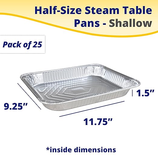 IDL Packaging Half-Size Aluminum Steam Table Pans - Shallow, 13" x 11" x 1.5" (pack of 25) - Disposable Foil Pan for Grilling, Roasting, BBQ, Cooking, Baking, Freezing