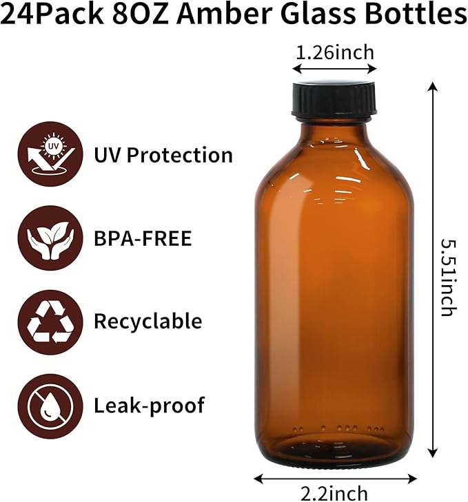 24 Pack 8oz Amber Glass Boston Round Bottles with Phenolic Polycone Caps – Airtight, Leak-Proof Brown Glass Containers for Kombucha Brewing, Storing Condiments, Essential Oils, and Homemade Solutions