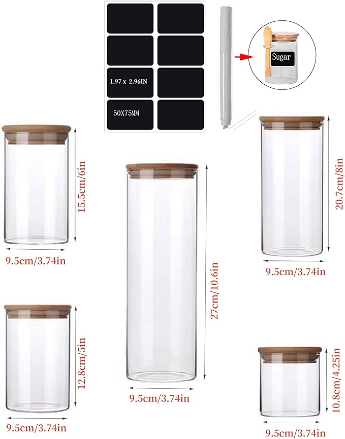 Round Glass Jars with Bamboo Lids [Multi-Size Set of 5], Glass Canisters with Airtight Lids, Glass Food Storage Containers for Pasta, Cereal, Flour, Sugar, Best for Kitchen & Pantry