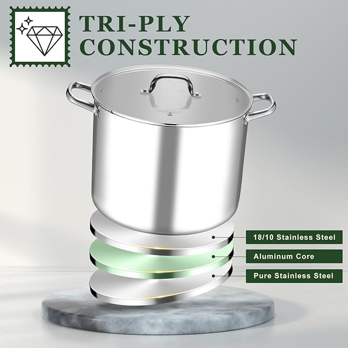 Leonyo 20QT Stock Pot, 18/10 Stainless Steel Soup Pot With Lid, Heavy Duty Stockpot Compatible with All Stoves, Food Grade Cookware for Pasta, Seafood, Spaghetti, Non Stick & Tri-Ply Base