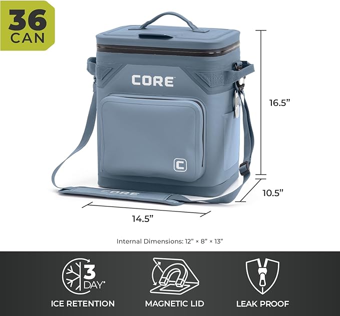 CORE Magnetic Leak Proof Soft Cooler with Waterproof Zipper | Insulated Bag Portable Ice Chest Box | Best Soft Cooler for Food & Beverages for Tailgating, Car Camping, Travel, and Family Beach Picnics