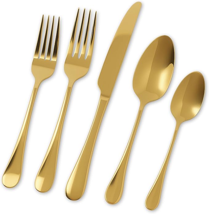Roberts & Belk 20-Piece Camden Gold Silverware Set – Flatware for 4 – High Mirror Stainless Steel Utensils with Knives, Forks & Spoons