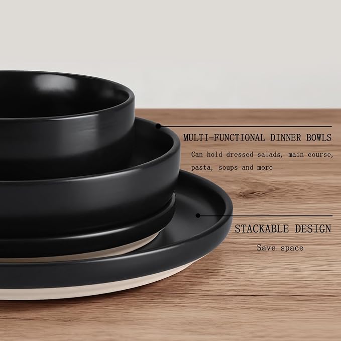 HaWare 16-Piece Plates and Bowls Set for 4, Stoneware Dinnerware Sets with Pasta Bowl, Dishes Set for Home Restaurant, Frosting Black