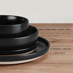 HaWare 16-Piece Plates and Bowls Set for 4, Stoneware Dinnerware Sets with Pasta Bowl, Dishes Set for Home Restaurant, Frosting Black
