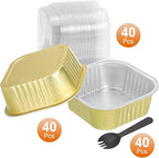 HARFINGTON 40Pack 10oz Disposable Mini Cake Pans with Lids and Spoons Gold Aluminum Foil Square Baking Cupcake Dessert Cups Tin for Birthday Party